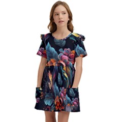 Flowers Flame Abstract Floral Kids  Frilly Sleeves Pocket Dress