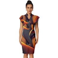 Swirls Abstract Watercolor Colorful Vintage Frill Sleeve V-neck Bodycon Dress