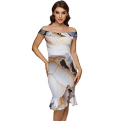 Marble Stone Abstract Gold White Off Shoulder Ruffle Split Hem Bodycon Dress