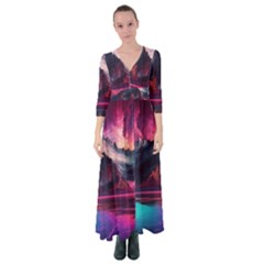 Ai Generated Mountain Ocean Lava Button Up Maxi Dress by Ravend