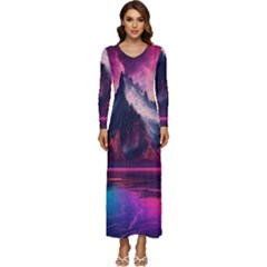 Ai Generated Mountain Ocean Lava Long Sleeve Velour Longline Maxi Dress by Ravend