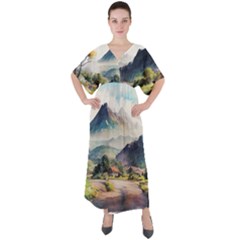 Countryside Trees Grass Mountain V-neck Boho Style Maxi Dress by Ravend