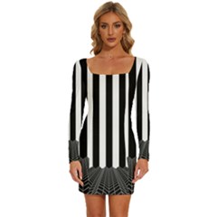 Illustration Stripes Geometric Pattern Long Sleeve Square Neck Bodycon Velour Dress by Uceng