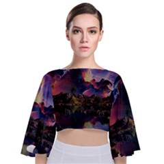 Lake Galaxy Stars Science Fiction Tie Back Butterfly Sleeve Chiffon Top by Uceng