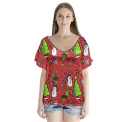 Santa Snowman Gift Holiday V-neck Flutter Sleeve Top by Uceng