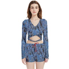 Blue Abstract Texture Print Velvet Wrap Crop Top And Shorts Set by dflcprintsclothing