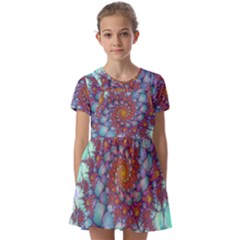 Fractals Abstract Art Cyan Spiral Vortex Pattern Kids  Short Sleeve Pinafore Style Dress