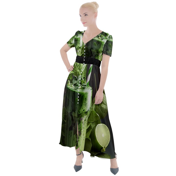 Ai Generated Drink Spinach Smooth Apple Ginger Button Up Short Sleeve Maxi Dress