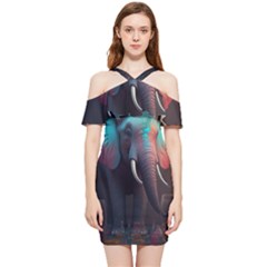 Ai Generated Elephant Tusks Trunk Wildlife Africa Shoulder Frill Bodycon Summer Dress by danenraven