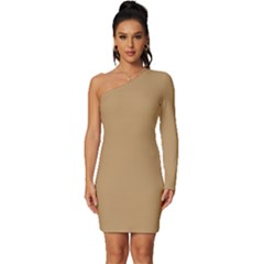 Camel Brown - Long Sleeve One Shoulder Mini Dress by ColorfulDresses