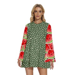 Watermelon Pattern Round Neck Long Sleeve Bohemian Style Chiffon Mini Dress