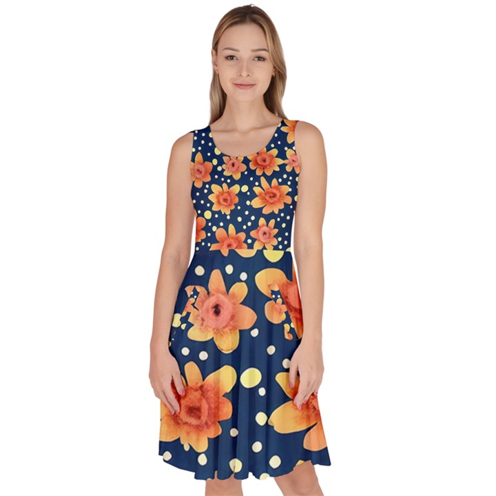 Flowers and Polka Dots Watercolor Knee Length Skater Dress With Pockets