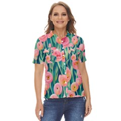 Blush Watercolor Flowers Women s Short Sleeve Double Pocket Shirt