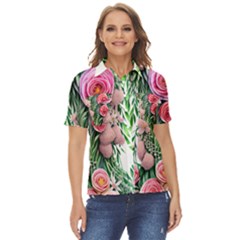 Brilliant Blushing Blossoms Women s Short Sleeve Double Pocket Shirt