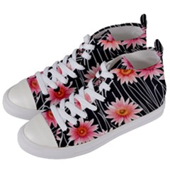 Botanical Black Pink Flowers Pattern Women s Mid-top Canvas Sneakers by GardenOfOphir
