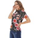 Botanical Black Pink Flowers Pattern Women s Short Sleeve Double Pocket Shirt View3