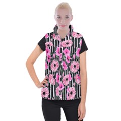 Black Stripes Beautifully Watercolor Flowers Women s Button Up Vest by GardenOfOphir