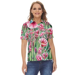 Cute Watercolor Flowers And Foliage Women s Short Sleeve Double Pocket Shirt