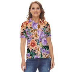 Cheerful And Captivating Watercolor Flowers Women s Short Sleeve Double Pocket Shirt