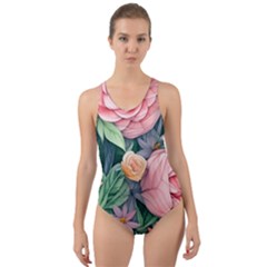 Darling And Dazzling Watercolor Flowers Cut-out Back One Piece Swimsuit by GardenOfOphir
