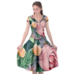Darling And Dazzling Watercolor Flowers Cap Sleeve Wrap Front Dress by GardenOfOphir