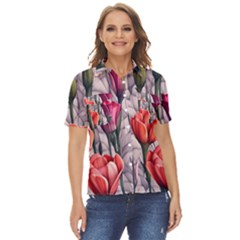 Color-infused Watercolor Flowers Women s Short Sleeve Double Pocket Shirt