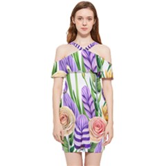 Classy Watercolor Flowers Shoulder Frill Bodycon Summer Dress by GardenOfOphir