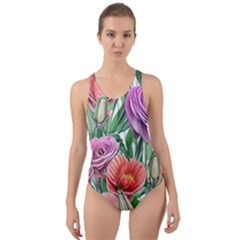 Captivating Watercolor Flowers Cut-out Back One Piece Swimsuit by GardenOfOphir