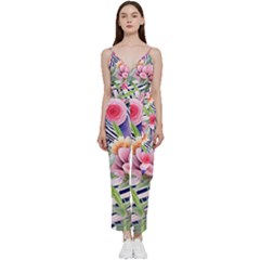 Luxurious Watercolor Flowers V-neck Spaghetti Strap Tie Front Jumpsuit by GardenOfOphir