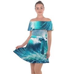Ai Generated Waves Ocean Sea Tsunami Nautical Painting Off Shoulder Velour Dress by Ravend