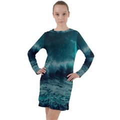 Ai Generated Waves Ocean Sea Tsunami Nautical Blue Sea Art Long Sleeve Hoodie Dress by Ravend