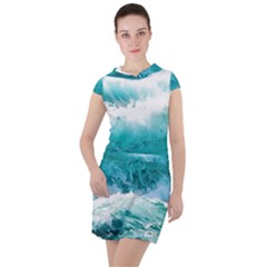 Ai Generated Waves Ocean Sea Tsunami Nautical Blue Sea Drawstring Hooded Dress by Ravend