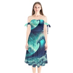 Ai Generated Waves Ocean Sea Tsunami Nautical Fantasy Shoulder Tie Bardot Midi Dress by Ravend
