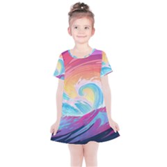 Ai Generated Waves Ocean Sea Tsunami Nautical Kids  Simple Cotton Dress by Ravend