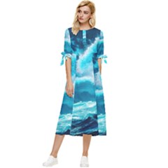 Ai Generated Waves Ocean Sea Tsunami Nautical Sea Bow Sleeve Chiffon Midi Dress by Ravend