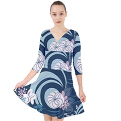 Flowers Pattern Floral Ocean Abstract Digital Art Quarter Sleeve Front Wrap Dress