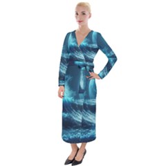 Moonlight High Tide Storm Tsunami Waves Ocean Sea Velvet Maxi Wrap Dress by Ravend