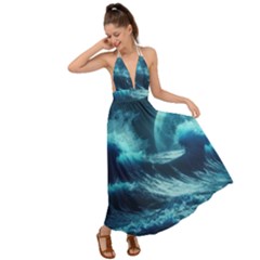 Moonlight High Tide Storm Tsunami Waves Ocean Sea Backless Maxi Beach Dress by Ravend