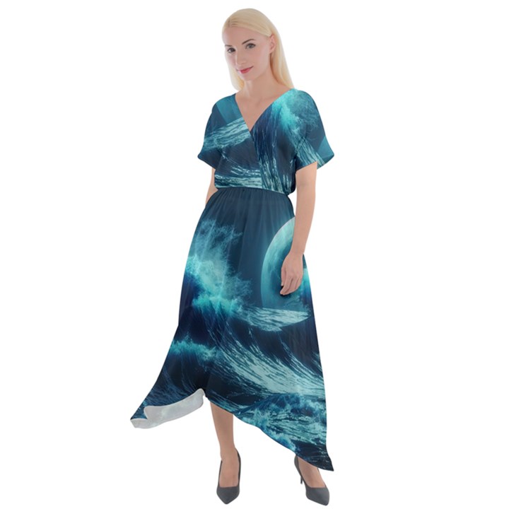 Moonlight High Tide Storm Tsunami Waves Ocean Sea Cross Front Sharkbite Hem Maxi Dress