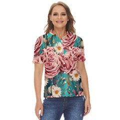 Coral Blush Rose On Teal Women s Short Sleeve Double Pocket Shirt
