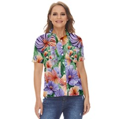 Amazing Watercolor Flowers Women s Short Sleeve Double Pocket Shirt