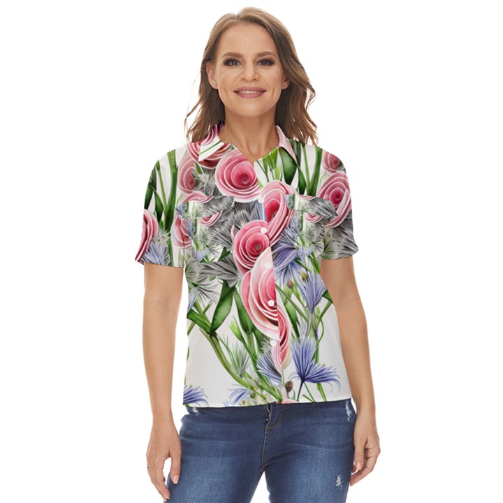 Captivating Coral Blooms Women s Short Sleeve Double Pocket Shirt