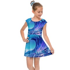 Tsunami Tidal Wave Ocean Waves Sea Nature Water Blue Kids  Cap Sleeve Dress