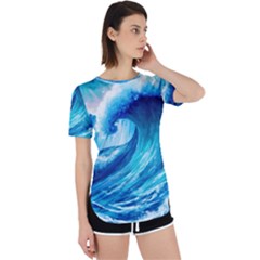 Tsunami Tidal Wave Ocean Waves Sea Nature Water Blue Painting Perpetual Short Sleeve T-shirt by Ravend