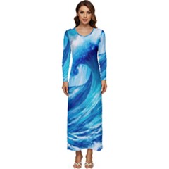 Tsunami Tidal Wave Ocean Waves Sea Nature Water Blue Painting Long Sleeve Longline Maxi Dress by Ravend