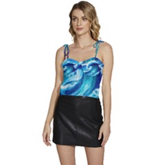 Tsunami Tidal Wave Ocean Waves Sea Nature Water Blue Painting Flowy Camisole Tie Up Top