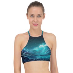 Tsunami Waves Ocean Sea Nautical Nature Water Racer Front Bikini Top by Ravend