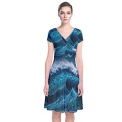 Tsunami Waves Ocean Sea Water Rough Seas 6 Short Sleeve Front Wrap Dress by Ravend