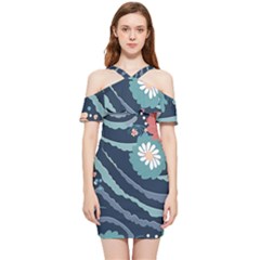 Waves Flowers Pattern Water Floral Minimalist Shoulder Frill Bodycon Summer Dress by Ravend