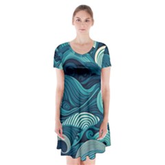 Waves Ocean Sea Abstract Whimsical Abstract Art Short Sleeve V-neck Flare Dress by Ravend